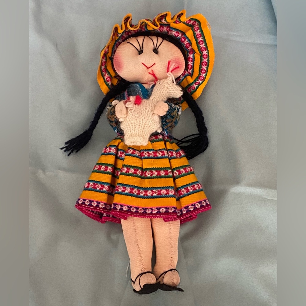 Vintage Cholita Girl Doll Handmade Peru Peruvian 12” H Tall X 4” W Holding Sheep